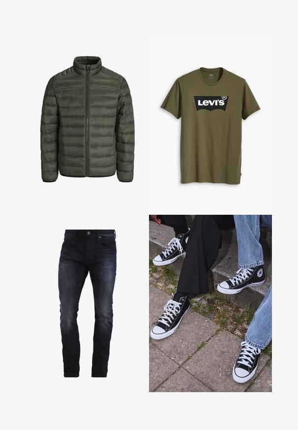 Ελαιόχρωμο μπουφάν με πούπουλα, που διαθέτει υψηλό γιακά, οριζόντια ραφή, κλείσιμο με φερμουάρ και ελαστικούς μανσέτες. Απαλή, ελαφριά ύλη.; Λαδί βαμβακερό t-shirt με μεγάλο μαύρο λογότυπο Levi's σε αντίθετο ημικυκλικό σχήμα στο στήθος. Κανονική εφαρμογή.; Σκούρο μπλε slim-fit τζιν παντελόνι με ελαφριά φθορά στους μηρούς και τα γόνατα, διαθέτει μπροστινές τσέπες, θηλιές ζώνης και κλείσιμο με κουμπί.; Μαύρα καστόρινα sneakers υψηλής κορυφής με λευκές καουτσούκ σόλες και κορδόνια, που διαθέτουν κυκλικό λογότυπο στο πλάι και συνδυάζονται με τζιν και μαύρο παντελόνι.