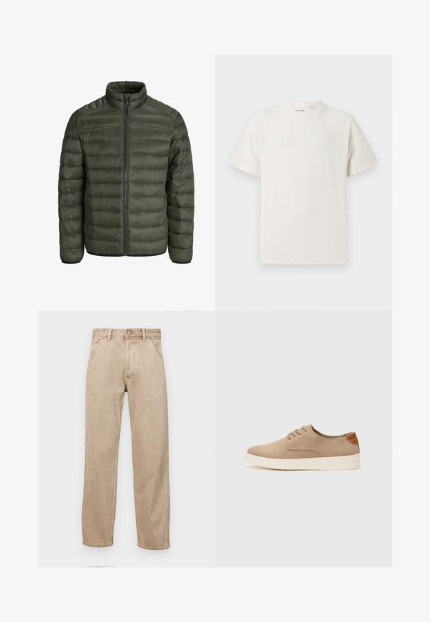 Jachetă puffer de culoare verde măsliniu, cu guler înalt, cusături orizontale, închidere cu fermoar și manșete elastice. Material neted și ușor.; Tricou alb cu maneci scurte, dintr-un material ribbed. Guler rotund, croi lejer, fără modele sau accente vizibile. Design simplu și versatil.; Jeans din denim bej cu un design drept, care prezintă buzunare frontale, închidere cu buton metalic și o textură subtilă.; Tenisi din suede bej cu vârf rotund, sistem de șireturi în față și un accent texturat în spate. Talpa albă din cauciuc oferă un contrast. Design simplu și modern.