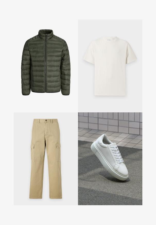 Olive green puffer jacket featuring a high collar, horizontal stitching, zip closure, and elastic cuffs. Smooth, lightweight material.; White short-sleeve T-shirt in a ribbed texture. Round neckline, relaxed fit, no visible patterns or accents. Simple and versatile design.; Beige cargo pants made of cotton, featuring two side pockets, a button closure, and straight legs with a slightly textured fabric.; White leather sneaker with a smooth surface, round toe, and flat white laces. Features a textured rubber sole and minimal design elements.