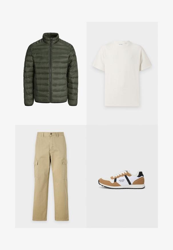 Olivovo zelená prešívaná bunda s vysokým golierom, horizontálnym prešitím, zipsom a elastickými manžetami. Hladký, ľahký materiál.; Biela krátka tričko s krátkym rukávom so žebrovanou textúrou. Okrúhly výstrih, uvoľnený strih, žiadne viditeľné vzory ani akcenty. Jednoduchý a všestranný dizajn.; Bežové cargo nohavice vyrobené z bavlny, s dvoma bočnými vreckami, zapínaním na gombík a rovným strihom s mierne textúrovanou tkaninou.; Retro štýlové tenisky s bielou, pieskovou zamšou, čiernymi akcentmi, bielymi šnúrkami a logom "Jack & Jones EST. 1990" na boku.
