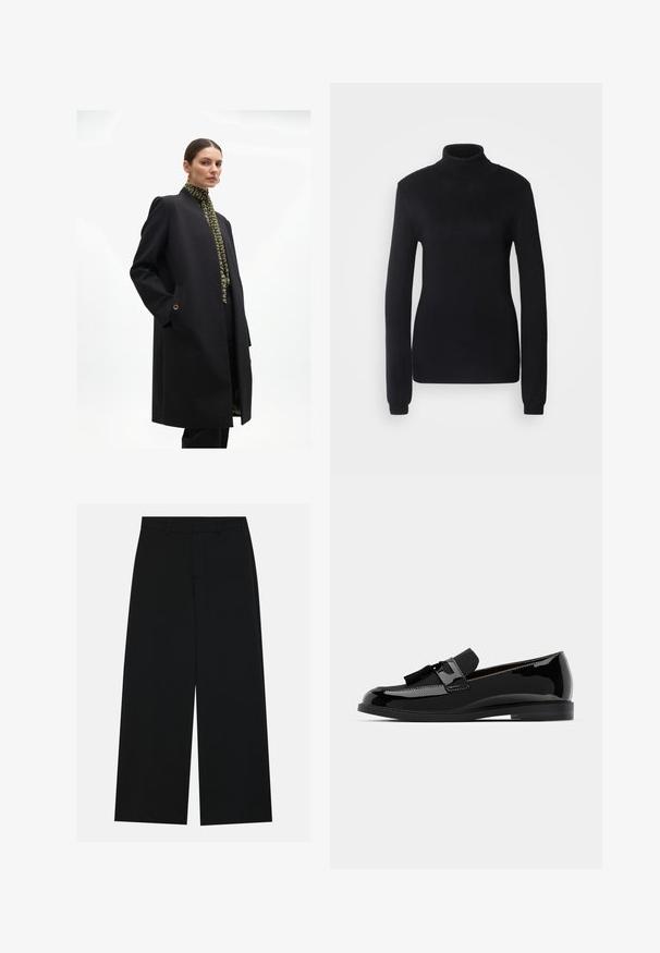 Lång svart kappa med en strukturerad design, med guldknappdetaljer, i kombination med en grön mönstrad skjorta. Slät textur och skräddarsydd passform.; Svart polotröja gjord av ett mjukt stuckt tyg, med lång ärm och en figurnära silhuett samt ribbad krage och fåll.; Breda svarta byxor i ett mjukt tyg. Har en platt midja med bälteshällor och inga synliga fickor. Enkelt design.; Svarta lackläderloafers med platt häl, med en fransdetalj och slät yta, designade med rund tå och subtil sömnad.