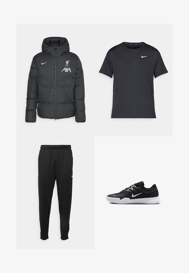 Nike Performance LIVERPOOL FC NIKE SF STRIKE SDF JACKET - Squadra - anthracite/wolf grey; Maglietta da corsa Nike nera realizzata in materiale leggero e traspirante, con maniche corte e un piccolo logo bianco sul petto.; Pantaloni sportivi neri realizzati in tessuto liscio, con una vita elastica, gambe affusolate e un piccolo logo bianco sul lato sinistro.; Scarpa sportiva nera con tomaia testurizzata, logo Nike swoosh bianco e suola in gomma bianca. Presenta un design con lacci e una forma dinamica.