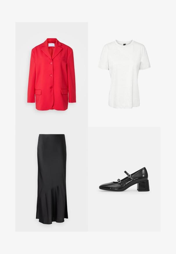Rode blazer van gladde stof, met een klassieke kraag, een borstzak, twee voorkruiden en een drukknoopsluiting met drie knopen.; Witte korte mouw t-shirt van katoen met een ronde hals en een relaxte pasvorm. Gladde textuur en geen zichtbare patronen of versieringen.; Zwarte satijnen midi-rok met een strakke ontwerp, met een lichte flair aan de zoom en een zijsplit voor gemakkelijke beweging. Glad textuur.; Zwarte gepatineerde lakleren Mary Jane-schoenen met een spitse neus, twee verstelbare banden en een stevige blokhak. Glad oppervlak en glanzende afwerking.