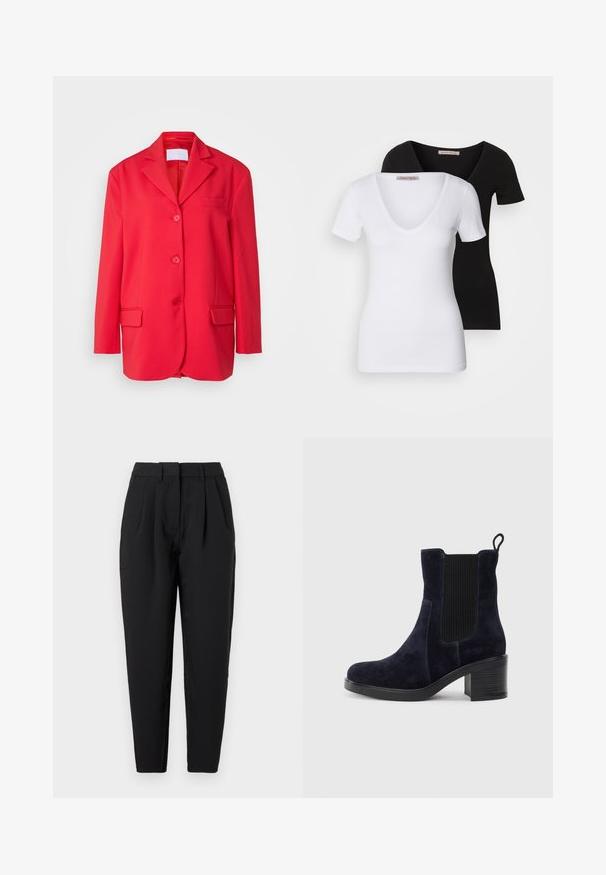 Blazer rosso realizzato in tessuto morbido, con colletto classico, tasca sul petto, due tasche frontali e chiusura con tre bottoni.; Due magliette a maniche corte a scollo a v, una bianca e una nera, design aderente, realizzate in morbido cotone, con etichetta del marchio visibile sul collo.; Pantaloni neri con una vestibilità dritta, caratterizzati da pieghe sul fronte, una texture liscia e tasche laterali. Il girovita ha un'altezza standard.; Stivaletti alla caviglia in camoscio blu navy con pannello elastico laterale, punta tonda e tacco a blocco. Il tessuto testurizzato e la suola liscia aggiungono contrasto.