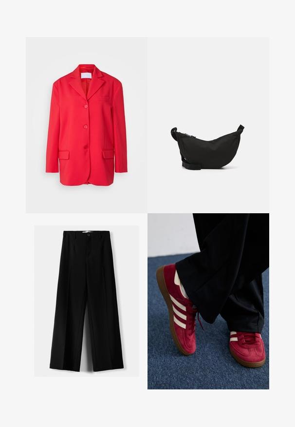 Červený blazer vyrobený z hladkej tkaniny, s klasickým golierom, jedným náprsním vreckom, dvoma prednými vreckami a uzatváraním na tri gombíky.; Svetlo modré bezrukávové tričko vyrobené z mäkkej bavlnenej tkaniny. Má okrúhly výstrih a hladké okraje, bez viditeľných vzorov alebo akcentov.; Čierne široké nohavice z ľahkého materiálu, s predným zapínaním na gombík a plochým predným dielom, s pekne ušitými lemami.; Červené semišové tenisky s bielymi pruhmi, šnurovací dizajn a textúrovaná hnedá gumová podrážka. Nosené s čiernymi nohavicami, na pozadí modrého koberca.; Čierna látková crossbody taška s zakriveným tvarom, so zipsovým uzáverom, nastaviteľným popruhom a malou bočnou kapsou na ďalšie uloženie.