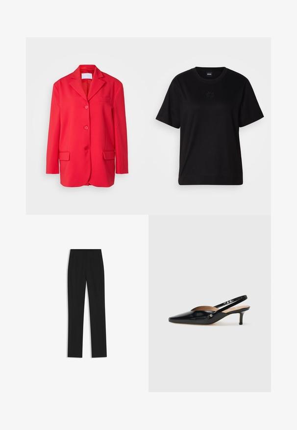 Blazer rosso realizzato in tessuto morbido, con colletto classico, tasca sul petto, due tasche frontali e chiusura con tre bottoni.; Maglietta in cotone nera con scollatura tonda, maniche corte e logo ricamato sul petto. Design semplice e vestibilità rilassata senza motivi.; Pantaloni neri su misura con un design a gamba dritta, dotati di tasche frontali e un tessuto liscio e strutturato. Dettagli ordinati e minimalisti.; Décolleté slingback in vernice nera con punta affilata, tacco basso e design con aperture sul vamp. Accento in hardware color oro sul lato.