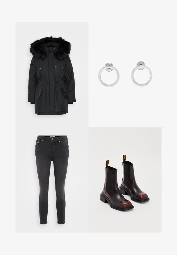 ONLY Petite ONLIRIS - Ziemas mētelis - black; Even&Odd Petite 2 PACK - Tops - light grey/black; Melni skinny džinsi, izgatavoti no denima. Iespējama priekšējā pogu aizdare un iešūta kabata jostasvietā. Gluda tekstūra ar minimālu izbalēšanu.; Dr. Martens MAYBOLE CHELSEA - Puszābaki ar platformu - black/cherry red; Sudraba metāla gredzenveida auskari ar matētu faktūru, ar apaļu dizainu un caurspīdīgu aizdari, lai nodrošinātu drošu valkāšanu.