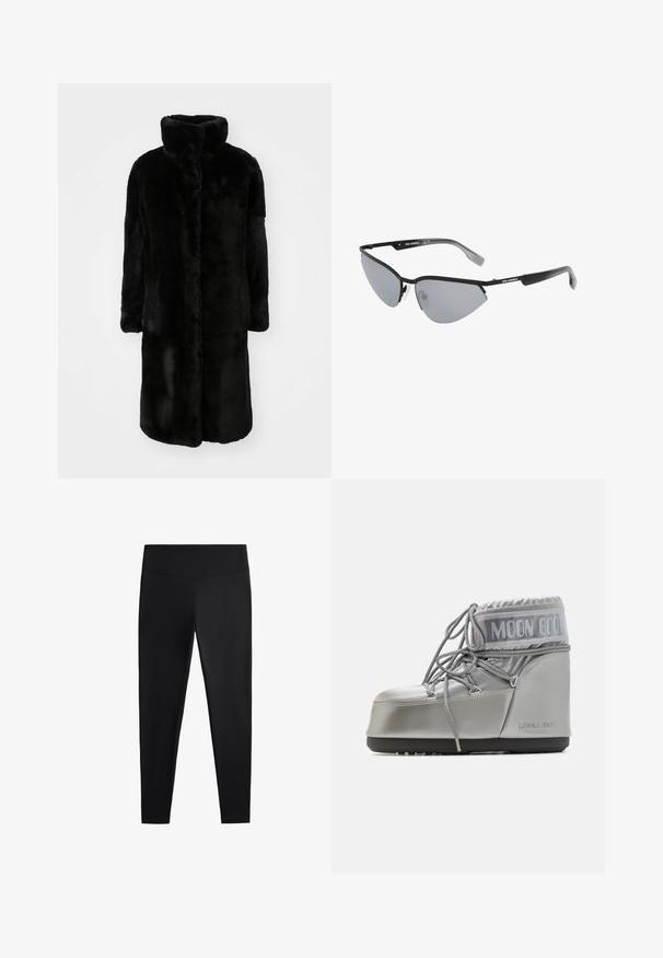 BOSS CETEDIA - Zimný kabát - black; Biely sveter s vysokým golierom a pleteným vzorom, ktorý má skrátený strih. Ribbed manžety a spodný lem. Mäkká textúra s útulným a robustným dizajnom.; Čierne legíny vyrobené z hladkej, elastickej tkaniny. Majú široký pás a zoštíhlený strih nohavíc, vhodné na aktívne alebo príležitostné nosenie.; Strieborná vodotesná obuv s zaobleným tvarom, textúrovaným povrchom a šedými šnúrkami. Obsahuje výrazné logo "MOON BOOT" v hornej časti.; Čierne slnečné okuliare s ostrým, mačacím dizajnom. Strieborné zrkadlové šošovky. Úzke, ľahké plastové rámy s diskrétnym brandingom na spánkoch.; Zlaté náušnice s hladkým, zaobleným tvarom, ktoré majú odrazivý povrch a sú vybavené zapínaním na kolík pre bezpečné nosenie.