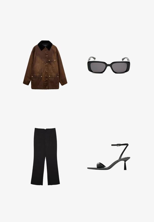 Smeđi voskani pamučni kaput s crnim kordura ovratnikom, prednjim preklopnim dugmadi i tri džepa s preklopima i dugmadi za zatvaranje.; Bijela majica od mekane, lagane tkanine. Ima okrugli izrez i kratke, široke rukave s ležernim krojem. Bez vidljivih uzoraka.; Crne hlače ravnog kroja, s prednjim džepovima i bočnim prorezima na rubu. Izrađene od mekog i glatkog materijala. Pogodne za razne prigode.; Bershka Sandale s visokom petom - black; Crne pravokutne sunčane naočale s tamnim lećama, glatkim plastičnim okvirom i zakrivljenim državama. Dizajn je masivan s minimalističkom estetikom.