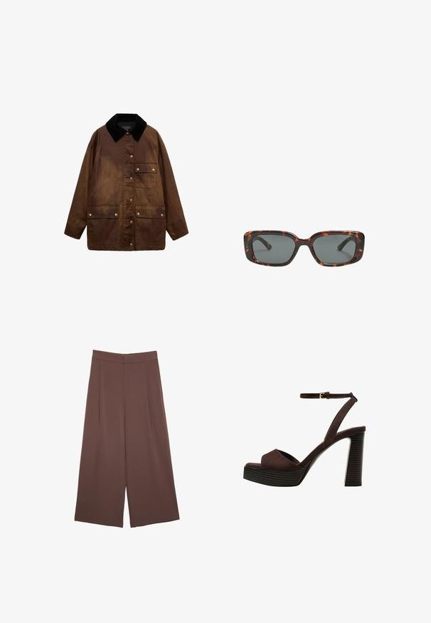 Smeđi voskani pamučni kaput s crnim kordura ovratnikom, prednjim preklopnim dugmadi i tri džepa s preklopima i dugmadi za zatvaranje.; Smeđi kratki rukav majica od mekog materijala, s okruglim izrezom i opuštenim krojem. Nema vidljivih uzoraka ili naglasaka.; Smeđe hlače širokog kroja s glatkom teksturom, koje imaju visok struk i nabore sprijeda. Tkanina je lagana i slobodno se kreće.; Smeđe zamšaste sandale s visokim potpeticama, otvorenim prstima, podesivom trakicom oko gležnja i prugastom platformom.; Smešane sunčane naočale s pravokutnim lećama, debelim okvirom i tamnim lećama. Glatka tekstura i minimalistički dizajn.