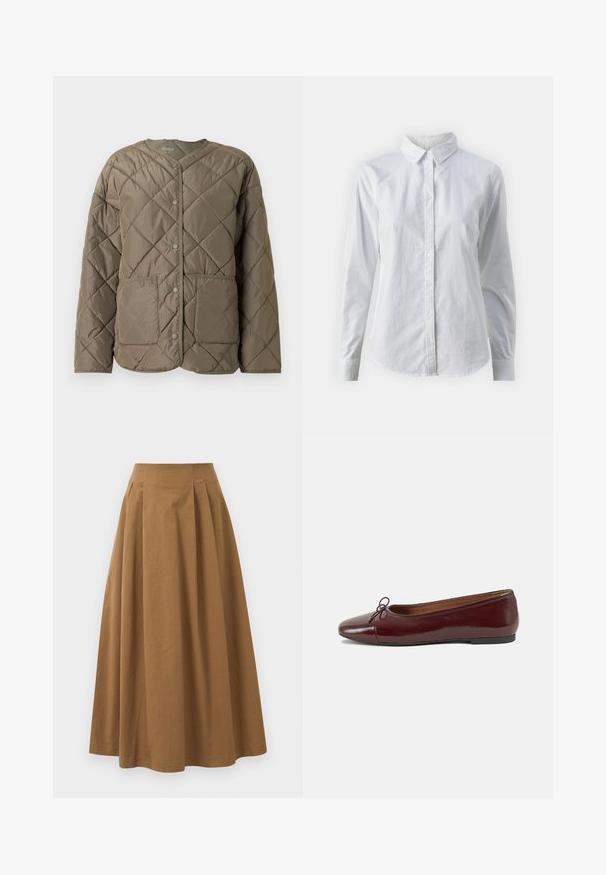 Käpärdunud, oliivroheline pufferi jakk, millel on ümmargune kaelus, ees nupud ja kaks suurt patšokotti ees.; Valge nööpidega särk, mis on valmistatud siledast puuvillast. Särgil on klassikaline krae, pikad varrukad ja kaarduv äär. Nöödid on väikesed ja valged.; Pruun puuvillane A-line seelik kõrge vöökohaga, millel on voldid ees ja sile tekstuur. Pika serva viimistlus on puhas ja lihtne.; Burgundi patendnahk kingad balletitüüpi, ümmarguse ninaosa, ees väike paelaaktsent ja madal must kummist tald. Sile tekstuur.