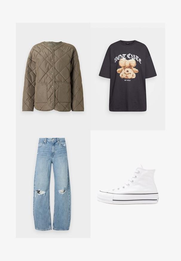 Pikowana, oliwkowa kurtka puchowa z okrągłym dekoltem, z przodu zapinana na napy oraz z dwiema dużymi kieszeniami naszytymi z przodu.; Czarny, oversize t-shirt z grafiką niedźwiedzia i napisem „NIE UROCZY, ALE DZIKI” w grubej, białej czcionce. Materiał bawełniany.; Jasnoniebieskie, wysokiej talii dżinsy wykonane z denimu. Posiadają szerokie nogawki, dwa podarte miejsca na kolanach oraz klasyczne pięć kieszeni.; Białe wysokie trampki z płótna z czarną gumową podeszwą, przednim czubkiem z gumy i sześcioma dziurkami na sznurowadła, charakteryzujące się prostym, minimalistycznym designem.