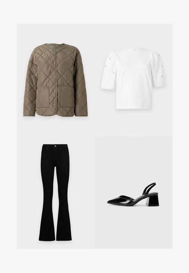 Vattert, olivengrønn puffjakke med rund hals, frontknapper og to store lommer foran.; Hvit bomull T-skjorte med korte pufferm, med små sølvdekorasjoner langs ermene. Klassisk rund hals, avslappet passform.; Sorte høytlivsjeans med knapp og glidelås, frontlommer og utsvingte bein liggende flatt på en hvit bakgrunn.; Svarte patentlær slingback hæler med spiss tå og geometrisk blokk hæl. Har et stilrent, minimalistisk design og jevn tekstur.