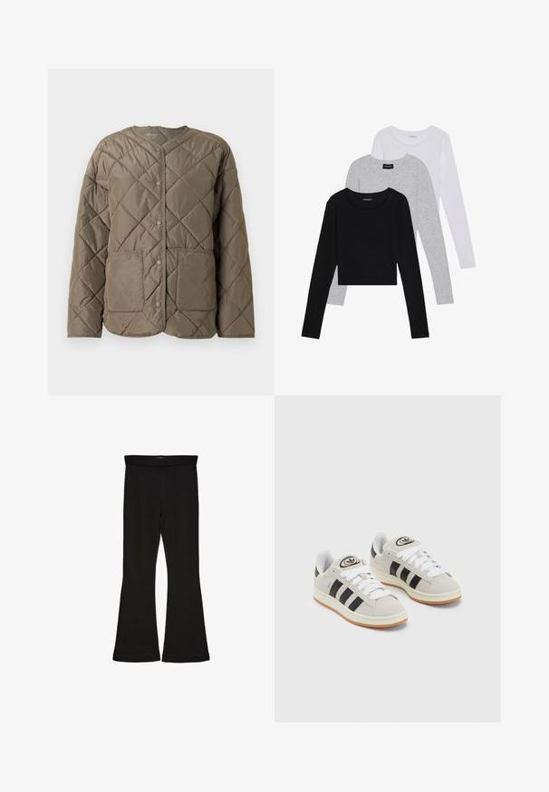 Prešívaná, olivová puffer bunda s okrúhlym výstrihom, predným zapínaním na cvočky a dvoma veľkými prednými vreckami.; Tričko s dlhým rukávom v troch farbách: čiernej, sivej a bielej. Každé má okrúhly výstrih a skrátený strih vyrobený z hladkej, ľahkej tkaniny.; Čierne legíny s flared strihom vyrobené z elastického materiálu. Majú široký pás a hladkú textúru, s priliehavým siluetom, ktorý sa na okraji rozširuje.; Sivé semišové tenisky s bielymi šnúrkami, čiernymi pruhmi a bielou gumovou podrážkou. Obsahujú okrúhly logo na jazyku a gumenú podrážku.