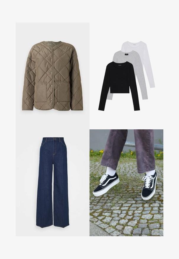 Kilimėlis, alyvuogių žalios spalvos pūkinė striukė su apvalia apykakle, priekiniais užsegimais ir dviem didelėmis kišenėmis priekyje.; Trijų ilgomis rankovėmis marškinėlių krūva: juodas, pilkas ir baltas. Kiekvienas turi apvalų iškirpimą ir trumpą dizainą, pagamintas iš lygaus, lengvo audinio.; Aukštai juosmens, plačių kojų tamsiai mėlyni džinsai su priekinių ir galinių kišenių, mygtuko uždarymu ir matomais siuvimo detalėmis.; Juoda zomšiniai sportbačiai su baltais akcentais, suapvalintu pirštu, storu baltu padu ir klasikinis raištelių dizainas, užsidėti su baltomis kojinėmis ir purpurinėmis kelnėmis.