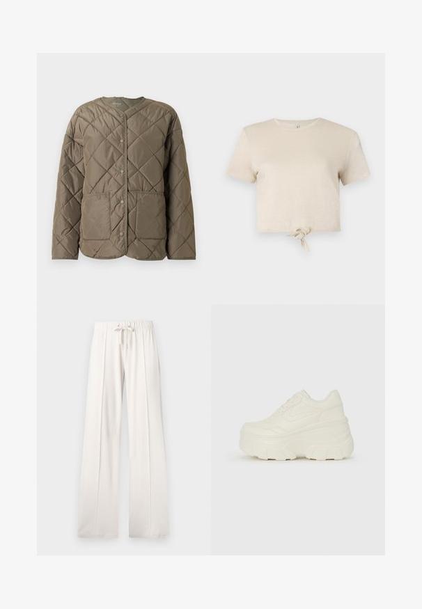 Kaput za zimu u maslinasto zelenoj boji s prešanim uzorkom, okruglim izrezom, prednjim zatvaračem na dugmad i dva velika džepa na prednjoj strani.; Skraćena bež majica izrađena od sjajnog materijala, s kratkim rukavima i čvorom na rubu. Glatka tekstura i okrugli izrez.; Svijetlosmeđi dukserice od mekanog materijala, s vezicom u struku, širokim nogavicama i vertikalnim šavovima, s glatkom teksturom.; Bijele platformske tenisice s glatkim gornjim dijelom koji nalikuje koži, zaobljenim oblikom, podstavljenim okvirom i teksturiranim gumeni potplat s definiranom profilacijom.