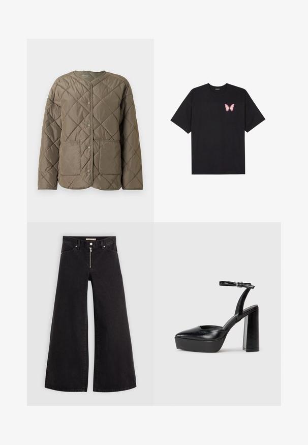 Casaco puffer acolchoado em verde-oliva, apresentando um decote redondo, fechos frontais de botão de pressão e dois grandes bolsos de remendo na frente.; T-shirt de algodão preto com mangas curtas, apresentando um pequeno gráfico de borboleta rosa no lado esquerdo do peito. Design de gola redonda com um corte solto.; Calças de ganga de perna larga em denim preto com fecho éclair à frente, design de cinco bolsos e detalhes de costura subtil. Textura suave e estilo casual.; Saltos altos pretos com bico fino e atilho ajustável no tornozelo. Confeccionados em couro suave, apresentam um salto bloco robusto.
