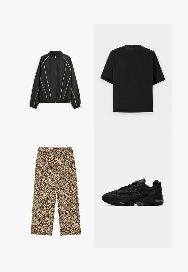 Svart vindjacka med hög krage, elastiska manschetter och vita diagonala ränder. Har en dragkedjeförsedd framlucka och en figursydd nederkant.; Svart kortärmad T-shirt i lös passform, tillverkad av mjuk bomull, med rund halsringning och minimalistisk design.; YOURTURN UNISEX - Jeans relaxed fit - beige/black; Svarta atletiska sneakers med en texturerad ovandel, med en framträdande logotyp, tjock sula och subtila grå accenter längs designen.