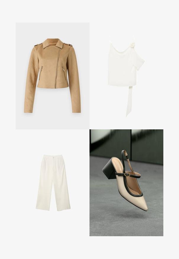Giacca motociclistica in faux suede color beige con design cropped, chiusura zip frontale e due tasche laterali con zip. Presenta spalline e maniche lunghe.; Blusa bianca con un design a spalla unica, caratterizzata da un'accento floreale su un lato e un lungo pannello legato in vita. Texture liscia.; Pantaloni a gamba larga in tessuto crema con una texture liscia, caratterizzati da un singolo bottone frontale, pieghe sottili e un design a vita alta.; Scarpa beige con punta a stivale, con rifiniture nere, fibbia dorata e tacco a blocco spesso su un pavimento grigio con sfondo verde scuro.