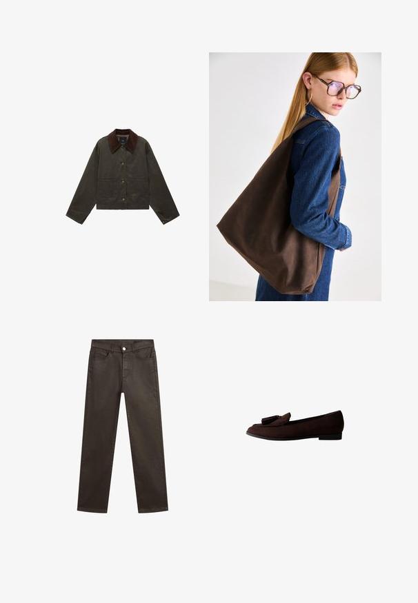 Olijfgroene jas met een bruine ribcord kraag, twee voorzakken en knoopsluiting. Gemaakt van duurzaam materiaal, met een cropped ontwerp.; Korte geruite shirt in tinten van bordeaux en bruin, met een knopenvoorzijde, kraag en een borstzak. Zacht stof met lange mouwen.; Bruine denim jeans met een recht model, vijf zakken en een sluiting met een knoop aan de voorkant. Gladde textuur met een lichte glans.; Bruine suède instapschoen met een ronde neus en decoratieve kwastjes op de bovenkant. Platte zool met een minimalistisch ontwerp en een gladde textuur.; Bruine leren tote bag met een zachte textuur, met een ruime indeling en een enkele strap. Draag het met een blauwe spijkerjack.