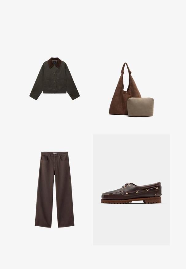 Olivově zelená bunda s hnědým kordovým límcem, dvěma předními kapsami a knoflíkovým zapínáním. Vyrobena z odolného materiálu, s kratším střihem.; Kostkovaná flanelová košile v námořnické modré, krémové a béžové. Má límec, zapínání na knoflíky, dlouhé rukávy a jednu náprsní kapsu. Měkká textura.; Džínové kalhoty s širokým střihem v tmavě hnědé barvě, s předními kapsami, standardním pasem a klasickým pětikapsovým designem. Měkká, pevná textura.; Hnědé kožené lodní boty se zlatými očky, kulatými tkaničkami a texturovanou hnědou gumovou podrážkou. Obsahují zašitý detail a vyvýšené logo.; Hnědá semišová taška přes rameno s uzlovým popruhem, obsahující malou béžovou zipovou kapsičku. Taška má měkkou texturu a jednoduchý design.