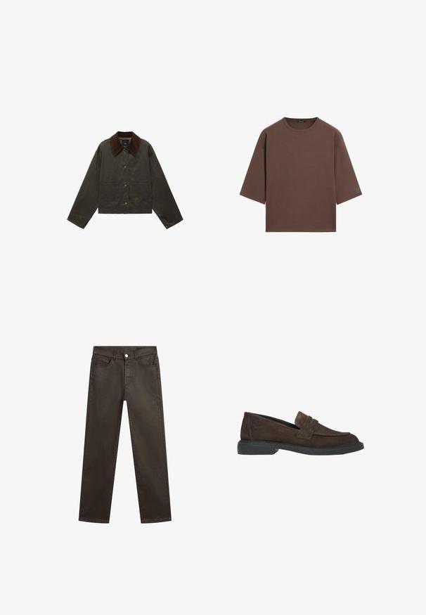 Olivgrüne Jacke mit braunem Cordkragen, zwei vorderen Taschen und Knopfverschluss. Aus strapazierfähigem Material gefertigt, mit einem cropped Design.; Braunes, kurzes T-Shirt mit rundem Halsausschnitt, kurzen Ärmeln und einer weichen Textur. Entworfen mit einem lässigen Schnitt und minimalen Details.; Braune Denim-Jeans mit geradem Bein, fünf Taschen und einem vorderen Knopfverschluss. Glatte Textur mit leichtem Glanz.; Braune Wildleder Slipper mit flacher schwarzer Sohle, ausgestattet mit einem vorderen Riemen und klaren Linien, entworfen für legere Anlässe.