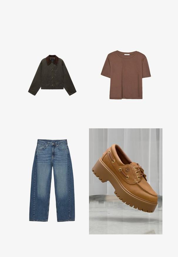 Maslinasto zelena jakna s smešnim kordura ovratnikom, dva prednja džepa i dugmadi za zatvaranje. Izrađena od izdržljivog materijala, sa skraćenim dizajnom.; Smeđi kratki rukav majica od mekog materijala, s okruglim izrezom i opuštenim krojem. Nema vidljivih uzoraka ili naglasaka.; Farmerke širokog nogavica u plavoj boji, izrađene od denima, s klasičnim dizajnom pet džepova, s izblijedjelim pranjem i toniranim šavovima.; Tamne kožne platforme s debelim, rebrastim potplatima, zlatnim rupicama i jednostavnim šivenim dizajnom. Ima mali logo sa strane.
