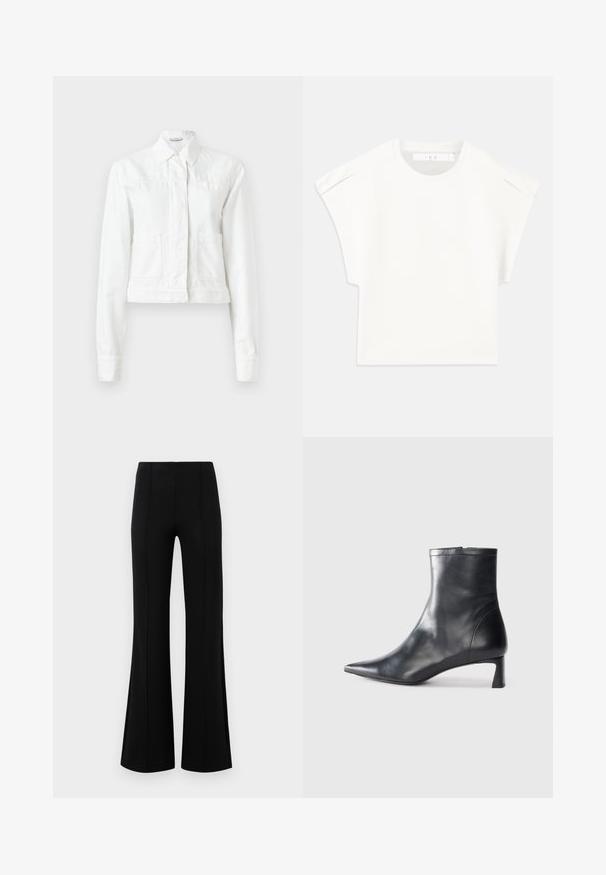 Jaqueta branca cropped feita de algodão, com mangas longas, gola, dois bolsos frontais e detalhes de costura subtil.; T-shirt branco em forma de caixa com mangas curtas. Feita de um tecido suave, apresenta um decote redondo e sutis acentos nos ombros. Design simples.; Calças pretas de boca de sino com uma cintura alta, feitas de um tecido elástico. Apresentam detalhes de costura vertical na frente e uma textura suave.; Bota de tornozelo em pele preta com biqueira apontada e um design elegante. Apresenta um salto baixo e um fecho com zipper na parte de trás. Textura suave.