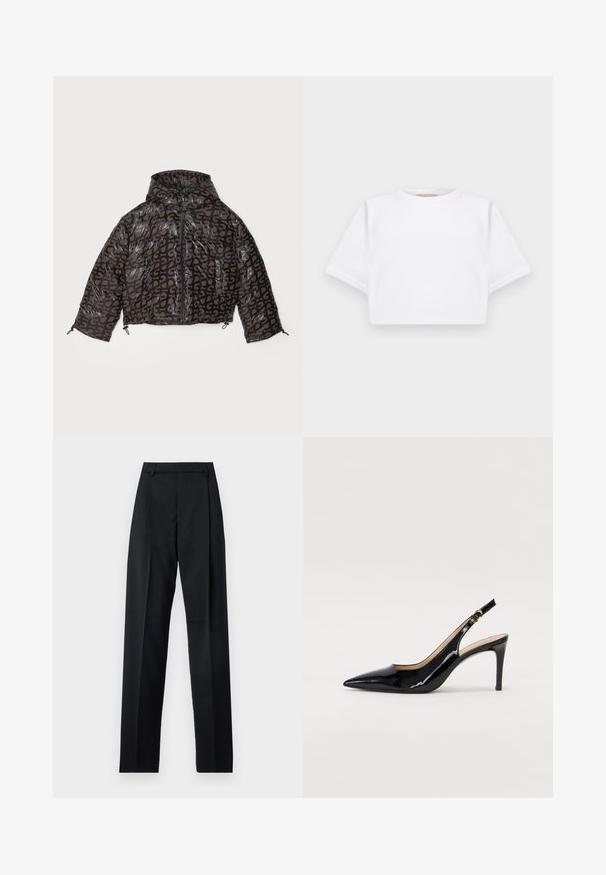 Stine Goya HOODED LONG SLEEVE PUFFER PADDED OUTERWEAR - Casaco de inverno - brown/black; T-shirt branca corta, feita de tecido macio, apresentando mangas curtas, um decote redondo e detalhes de bainha canelada. Design simples e despretensioso.; Calças pretas feitas de um tecido suave, com uma cintura alta, pernas largas, pregas frontais e passadores de cinto clássicos. Não há bolsos laterais visíveis.; Sandal com salto em verniz preto, bico fino, salto esguio e um design de recorte subtil. Apresenta uma fivela dourada na alça.