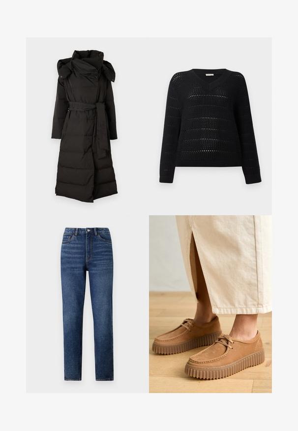 Copenhagen Muse MICCO HAT COAT - Abrigo de plumas - black; TOM TAILOR DENIM V NECK - Jersey de punto - deep black; Jeans de mezclilla azul de cintura alta con pierna recta, que cuentan con un ligero desgaste, cierre de un botón y diseño de cinco bolsillos.; Zapatos de cuero marrón claro con una superficie texturada, puntera redonda y suelas gruesas y estriadas. Los cordones y los detalles de costura realzan el diseño.