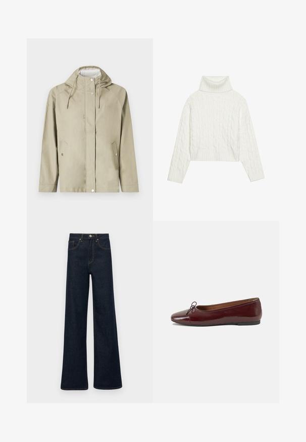 Ljusbeige vattentät jacka med huva, tryckknappar, två framfickor och justerbara dragsnören. Glatt material, minimalistisk design.; Vit kabelstickad turtleneck-tröja med en kortad siluett, som har ribbade muddar och nederkant. Mjuk textur med en mysig, tjock design.; Mörkblå vida denimjeans med framfickor, bälteshängare och knappstängning.; Burgunderfärgad lackläderballettskor med rund tå, liten rosettdekoration fram och en låg, svart gummisula. Slät textur.