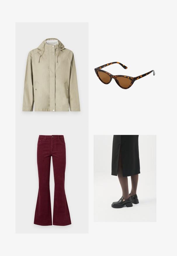 Hellbeige wasserdichte Jacke mit Kapuze, Druckknöpfen, zwei Taschen vorne und verstellbaren Kordeln. Glatte Textur, minimalistisches Design.; Gestreiftes Langarmoberteil in Creme und Schwarz. Besitzt eine gerippte Textur und einen Rundhalsausschnitt. Gerader Saum mit leichten Seitenschlitzen.; Bordeauxfarbene Corduroy-Hosen mit weitem Bein, fünf Taschen, einer Knopfleiste vorne und strukturiertem Stoff. Die Ausstellungen beginnen am Knie und gehen bis zum Saum.; Schwarze Lederschuhe mit abgerundetem Zeh, dicker Blockabsatz und elastischen seitlichen Akzenten, kombiniert mit dunklen Strumpfhosen und einem schwarzen Rock mit Schlitz.;  Katzenaugen-Sonnenbrille mit einem schwarz-orangenen Schildpattrahmen, braunen Gläsern und schlanken, spitzen Enden. Verfügt über ein minimalistisches Logo am Bügel.