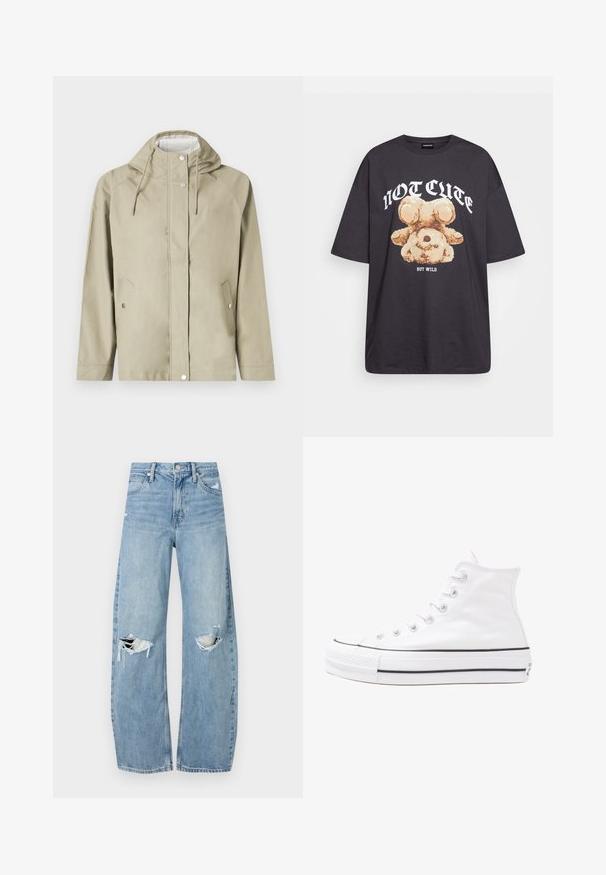 Veste imperméable beige clair avec capuche, boutons-pression, deux poches avant et cordons de serrage réglables. Texture lisse, design minimaliste.; T-shirt noir oversize avec un graphique d'un ours et le texte « PAS MIGNON MAIS SAUVAGE » en lettres blanches, en gras. Matériau en coton.; Jeans en denim bleu clair à taille haute. Présentent des jambes larges, deux zones déchirées aux genoux et un style classique à cinq poches.; Baskets montantes en toile blanche avec semelle en caoutchouc noir, capuchon en caoutchouc à l'avant, et six œillets pour les lacets, présentant un design épuré et minimaliste.