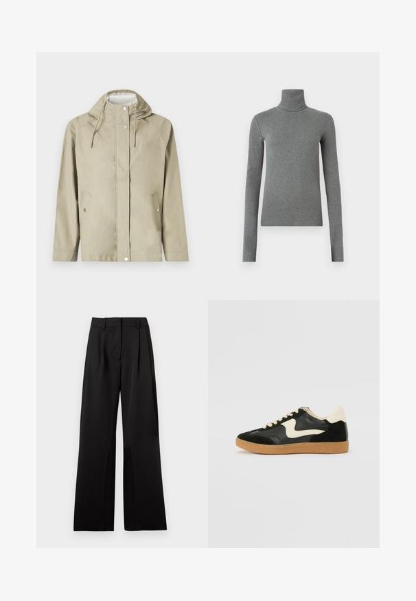 Lichtbeige waterdichte jacket met een capuchon, drukknopen, twee voorzakken en verstelbare trekkoorden. Gladde textuur, minimalistisch ontwerp.; Grijze coltrui gemaakt van gladde, rekbare stof. Lange mouwen, aansluitend ontwerp, minimale textuur, zonder zichtbare patronen of hardware.; Zwarte wijde broek met een soepele textuur, voorzien van voorplooien, een platte tailleband en riemlussen. Eenvoudig, op maat gemaakt ontwerp.; Zwarte suède en leren sneaker met een crèmekleurige zij-swoosh en lichte crèmekleurige hiel. Voorzien van beige veters en een gumrubberen zool.
