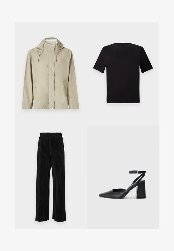 Hellbeige wasserdichte Jacke mit Kapuze, Druckknöpfen, zwei Taschen vorne und verstellbaren Kordeln. Glatte Textur, minimalistisches Design.; Schwarzes T-Shirt mit kurzen Ärmeln und Rundhalsausschnitt, aus weichem Baumwollmaterial gefertigt. Schlichtes Design, keine sichtbaren Logos oder Muster.; Schwarze plissierte Hose mit elastischem Bund. Verfügt über weite Hosenbeine und einen glatten, strukturierten Stoff mit vertikalen Streifen.; Schwarze Leder-Pumps mit spitzer Zehe, einem Knöchelriemen und einem blockigen Absatz. Flache Textur, elegantes Design und minimalistische Ästhetik.