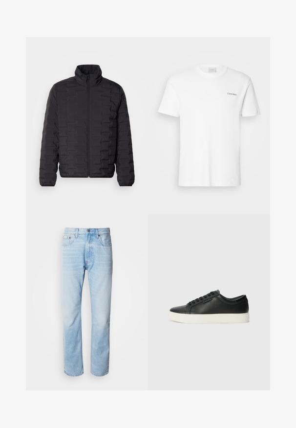 Svart pufferjakke med høy krage, med quiltet design og frontlukking med glidelås. Glatt, lett materiale som er ideelt for varme.; Hvit bomulls T-skjorte med korte ermer og rund hals. Har en liten svart "Calvin Klein" logo på venstre bryst.; Lyseblå denimjeans med strak benkutt, med falmede seksjoner, femlommerdesign og en klassisk knappestol.; Sorte lær sneakers med perforert tekstur, rund tå og flat hvit gummisåle. Har sorte snørebånd og en subtil logo på siden.
