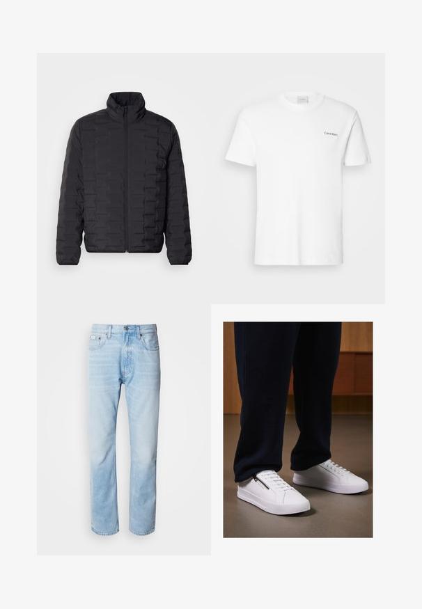 Črn pufferski plašč z visoko ovratnikom, ki ima prešito zasnovo in sprednje zadrgo. Gladek, lahek material, idealen za toploto.; Bela bombažna majica s kratkimi rokavi in krožnim ovratnikom. Ima majhen črn logotip "Calvin Klein" na levi strani prsnega koša.; Svijetloplave traperice s ravnim nogavicama, s izblijedjelim dijelovima, pet džepova i klasičnim dugmadi za kopčanje.; Beli superge z gladkim usnjenim zaključkom, ravnim podplatom in vezalnim dizajnom. Dodatna zadrga na strani povečuje funkcionalnost. Uklopljene s temnimi joggeri.
