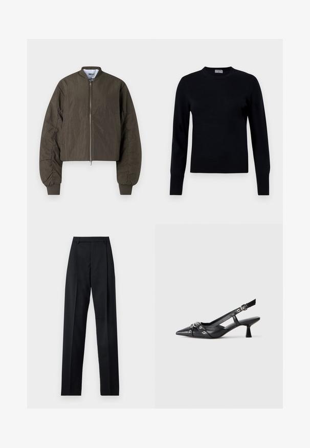 Won Hundred OPAL - Žieminė striukė - black olive; Juodas megztinis su apykakle ir ilgomis rankovėmis. Turi lygų paviršių ir veliūrines rankogalius, siūlo klasiką atitinkantį siluetą ir dizainą.; Juodos kelnės iš lygaus audinio, pasižyminčios aukštu liemeniu, plačiomis kojomis, priekinėmis klostėmis ir klasikiais diržo kilpomis. Šoninių kišenių nematyti.; Juodas odinis slingback tipo batai su smailiu priekiniu atvartu, dekoratyvinėmis sagtimis su metaliniais akyčiais ir žemu blokiniu kulnu. Saldus paviršius.