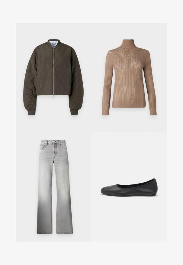 Won Hundred OPAL - Zimska jakna - black olive; Bež džemper s visokim ovratnikom, rebraste teksture i dugim rukavima, s trokutastim uzorkom šavova na prednjoj strani za dodatnu detaljnost.; Sive traperice širokih nogavica s visokim strukom, izblijeđenom teksturom, pet džepova i zatvaranjem na patentni zatvarač s gumbom.; Crne kožne baletanke s zaobljenim vrhom, glatke teksture, minimalnim detaljima šavova i fleksibilnim dizajnom potplata.
