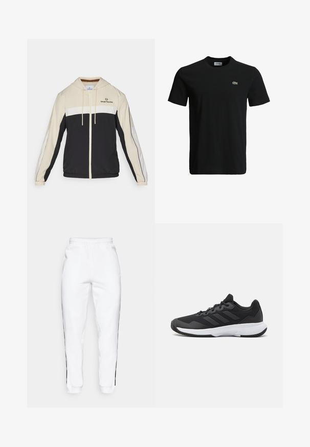 Beige, baltos ir juodos spalvų zip-up talpoms su gobtuvu striukė, su elastinėmis rankovėmis ir "Sergio Tacchini" logotipu viršutinėje kairėje krūtinės pusėje.; Juodas medvilninis marškinėliai su apvaliu kaklu, trumpomis rankovėmis ir mažu žaliu krokodilo logotipu kairėje krūtinės pusėje. Lygi tekstūra, kasdieniškas dizainas.; Baltos sportinės kelnės su elastinga juosmena, turinčios juodas šonines juosteles ir rankogalius. Pagamintos iš minkštos medžiagos su lygia tekstūra.; Juodas sportinis batelis su tekstūruota viršutine dalimi, trimis horizontaliomis juostelėmis ir baltu padu su raštuotu protektoriumi. Lengvas ir aerodinamiškas dizainas.
