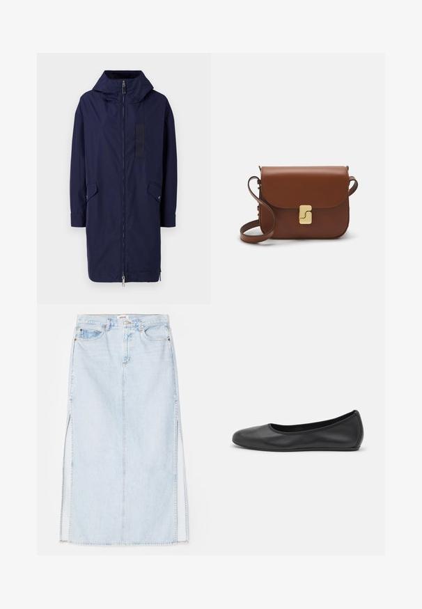 Mornarsko modra dežna jakna s kapuco, celotnim zadrgo, stranskimi žepi in pravokotnim velcro odsevniki na sprednji strani. Narejena iz gladkega, vodoodpornega materiala.; Bela kratka majica s kratkimi rokavi iz rebrastega materiala. Okrogla ovratnica, običajen kroj in subtilni šivi. Brez vzorcev ali grafik.; Svetlo modra jeanska maxi krilna obleka s ravnim krojem, ki ima stranske odprtine in pet žepov. Izstopajoče šivanje in kovinski gumb za zapiranje.; Črne usnjene balerinke z zaobljenim nosom, gladko teksturo, minimalnimi šivi in fleksibilno zasnovo podplata.; Rjava usnjena torbica s poklopcem, zlato obarvani okovi, naramnica in gladka tekstura. Kompaktna pravokotna oblika.