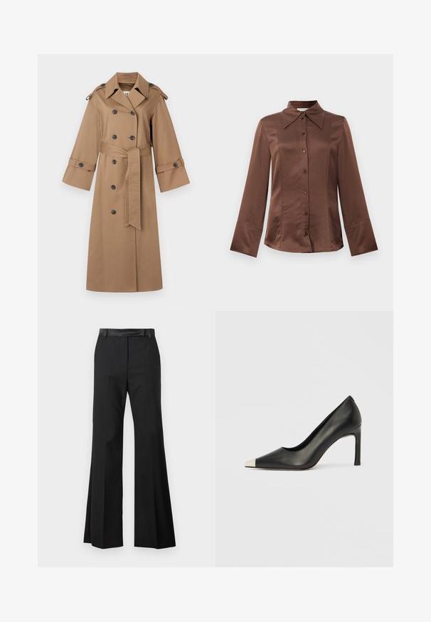 By Malene Birger ALAYA - Trenchcoat - fosil; Brown satin shirt with a classic collar, long sleeves, and front button closure. Notable for a smooth texture and tailored fit.; Black flared trousers with a smooth fabric finish, featuring a solid waistband and pressed creases for a tailored appearance.; Black leather high heel shoe with a pointed toe and a metallic silver cap. Features a smooth finish and a slender 10 cm heel.