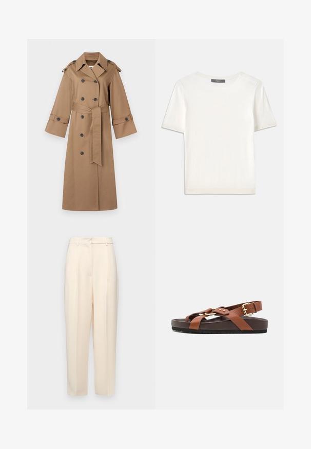 By Malene Birger ALAYA - Trenčkot - fosil; Bílý pletený top s krátkým rukávem a kulatým výstřihem, s hladkou strukturou a jemnými ribovými akcenty na rukávech a lemu.; Béžové kalhoty na míru se rovný fit, s plizovanými detaily na přední straně, hladkou texturou a středním pasem. Bez viditelných kapes.; Hnědé kožené sandály s plochou podešví, nastavitelného řemínku kolem kotníku a zlatými kovovými akcenty. Disponují křížovými pásky a texturovaným designem.