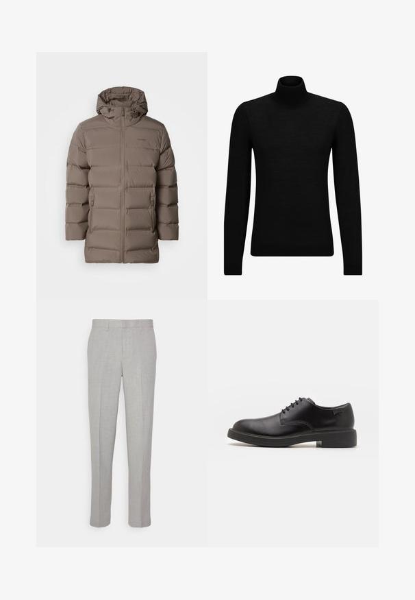 Braune gepolsterte Jacke mit Kapuze, ausgestattet mit einem Frontreißverschluss und seitlichen Taschen. Das Material wirkt glatt und hat ein gesteppte Design zur Isolierung.; Schwarzer Rollkragenpullover aus weichem Material mit langen Ärmeln und enger Passform. Rippbesatz am Saum und an den Bündchen. Einfaches Design.; Hellgraue Hose mit glatter Textur, flachem Front und geraden Beinen. Aus atmungsaktivem Material gefertigt, mit Innentaschen und Gürtelschlaufen.; Schwarzer Leder-Schnürschuh mit abgerundetem Zeh, glatter Textur, minimaler Naht und niedrigem Gummiabsatz. Logo auf der Ferse.