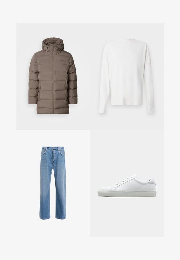 Brown padded jacket with a hood, featuring a front zipper and side pockets. Material appears smooth with a quilted design for insulation.; Long-sleeved white cotton shirt with a round neckline, side slits at the bottom, and a smooth texture, displayed from the back.; Light blue denim jeans with a straight-leg design, five pockets, button closure, minimal fading, and contrasting stitching details.; White sneaker with a smooth leather upper and a low profile. Features a rounded toe, six eyelets, and a textured rubber sole.