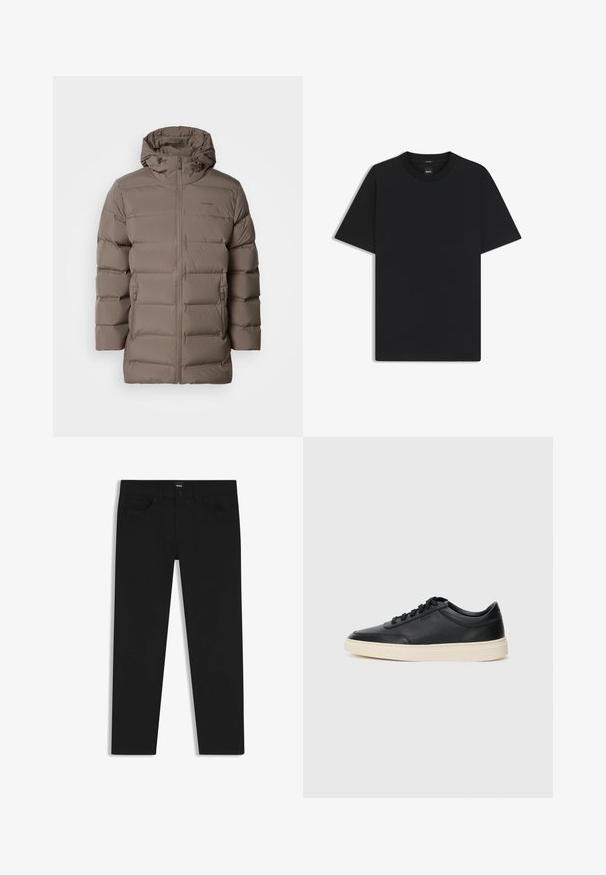 Bruine gewatteerde jas met een capuchon, voorzien van een rits aan de voorkant en zijzakken. Het materiaal lijkt soepel met een doorgestikt ontwerp voor isolatie.; Zwarte korte mouwen T-shirt van een gladde katoenmix, met een ronde halslijn en een minimalistisch ontwerp zonder patronen of accenten.; Zwarte denim broek met een rechte snit, voorzien van een standaard tailleband, vijf zakken en een knoopsluiting. Gladde textuur overal.; Zwarte leren sneaker met lage schacht, zwarte veters en off-white zool, weergegeven in zijprofiel op een witte achtergrond.