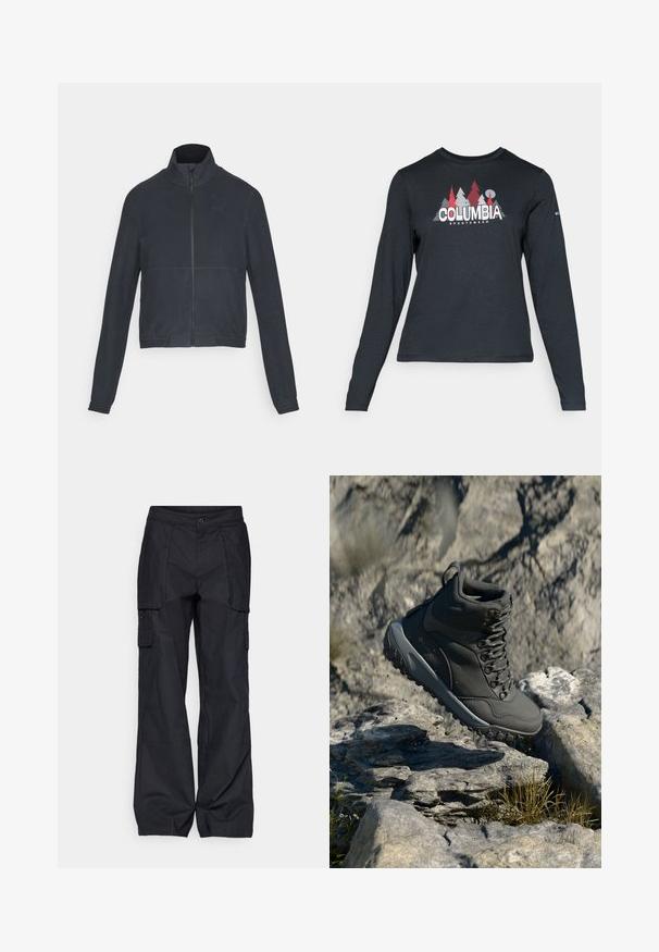Temno siva jakna s stojnim ovratnikom, prilegajočim krojem, rebrastimi manšetami in gladko teksturo. Ima subtilne šive in logotip.; Majica z dolgimi rokavi temno siva z grafiko rdečih dreves in gora; logotip "COLUMBIA" v krepki beli barvi. Mehka tkanina, standarden krojen ovratnik.; Columbia BREA FALLS™ COTTON RIPSTOP PANT - Hlače za na prostem - black; Temno sivi pohodna čevlja iz sintetičnega materiala, z oblazinjenim ovratnikom, kovinskimi očesi in teksturirano gumijasto podplato za oprijem.