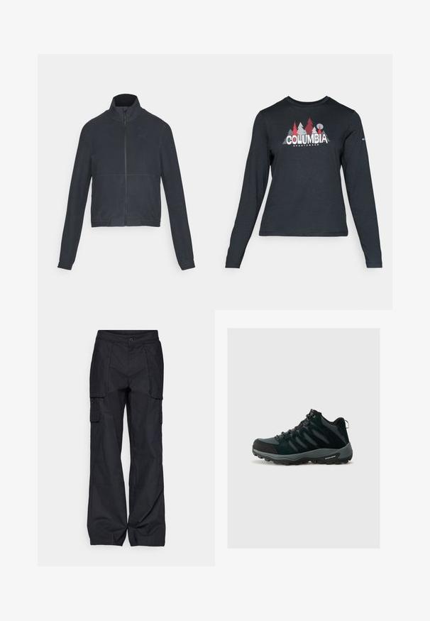 Temno siva jakna s stojnim ovratnikom, prilegajočim krojem, rebrastimi manšetami in gladko teksturo. Ima subtilne šive in logotip.; Majica z dolgimi rokavi temno siva z grafiko rdečih dreves in gora; logotip "COLUMBIA" v krepki beli barvi. Mehka tkanina, standarden krojen ovratnik.; Columbia BREA FALLS™ COTTON RIPSTOP PANT - Hlače za na prostem - black; Columbia REDMOND - Pohodniški čevlji - black/citron haze