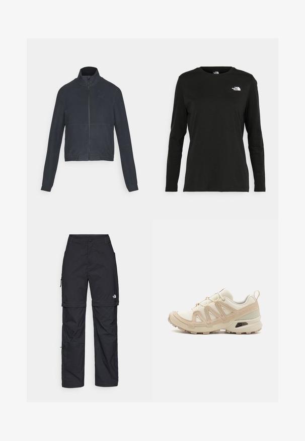 Tumehall pruun rihmaga jakke kõrge kraega, sale disain, soonikkoes varrukad ja sile tekstuur. Omab peeneid õmblusdetail ja logo.; Must mustahiheline T-särk, millel on pikad varrukad, valmistatud puuvillast ja ümarast kaelusest. Vasakul rinnal on väike valge logo. Lihtne disain ja sobivus.; Mustad nailonist valmistatud eemaldatavad cargo-püksid, reguleeritavate pahkluudega, mitmete taskutega ja paremal jalal logoga. Sile, kerge tekstuur.; Beež ja koobalti spordijalats tekstureeritud võrkkattega, toetavad ülemised kihid ja kummist tallaga, millel on mustriga joonistus haardeks.