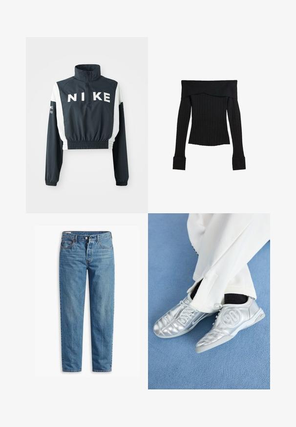 Nike skrajšan jopič s visokim ovratnikom, temno mornarsko telo, bele rokave, elastičen rob, velik logo spredaj in majhni besedni dodatki na rokavih.; Črn dolgi zgornji del brez naramnic z rebrasto strukturo in širokimi manšetami. Gladka tekstura s prilegajočim dizajnom, ki poudarja obliko telesa.; Modri jeansi iz denima z ravnim krojem, z zadrgo, dvema sprednjima žepoma in diskretno zbledelostjo po celotni tkanini.; Srebrni atletski čevlji z gladkim, sijočim zaključkom, z našitim dizajnom in številko 90 na strani, v kombinciji z belimi hlačami.